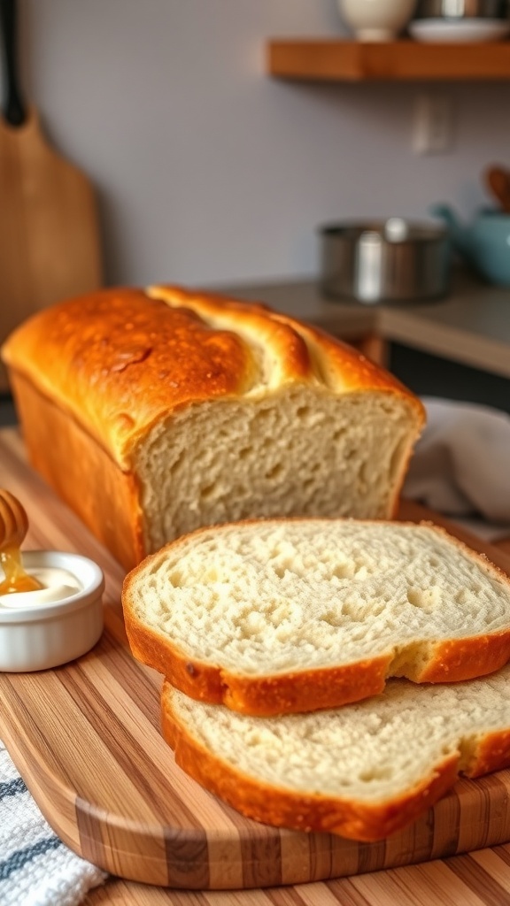 Gluten-Free Yogurt Bread Recipe Freshly baked gluten-free yogurt bread loaf sliced on a wooden board, with yogurt and honey in the background.